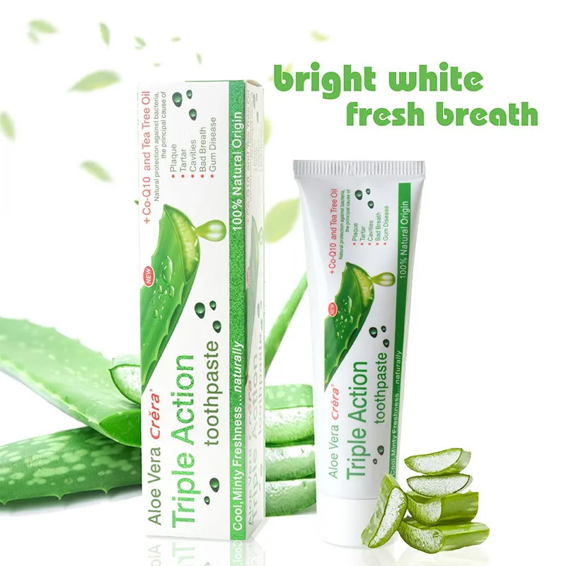 100% natural source aloe vera extract Triple-action toothpaste removes stains and keeps your breath fresh