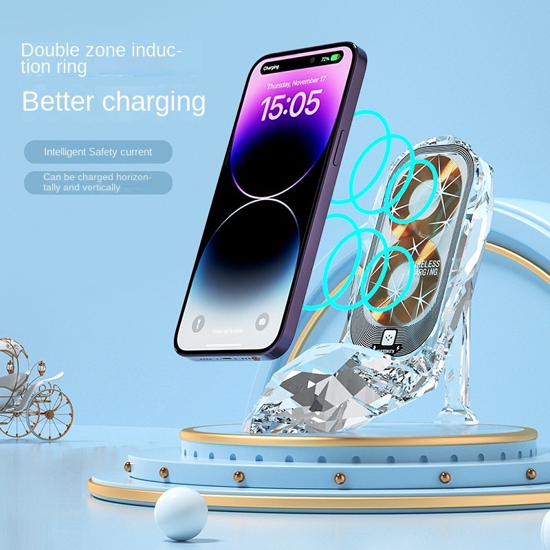 15w fast phone charging Fashionable desktop decoration Crystal shoes shape wireless charger with phone holder