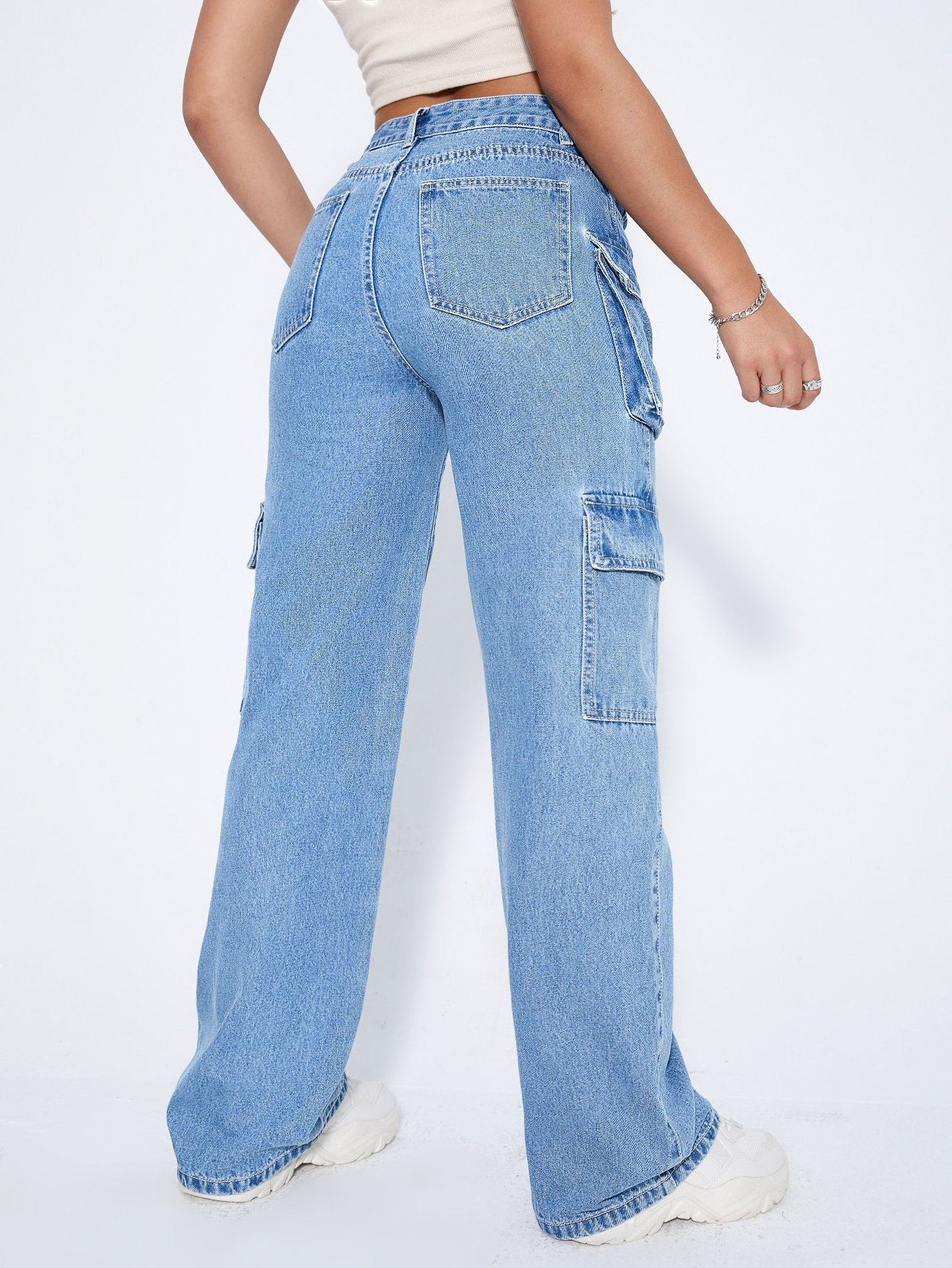 Wholesale High Waist big Pocket denim Cargo Pants jeans women Pocket Boyfriend Jeans