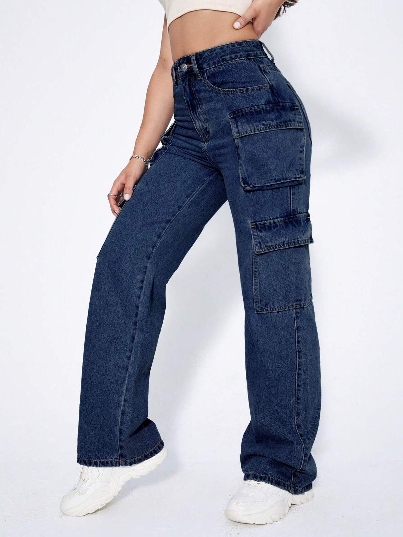 Wholesale High Waist big Pocket denim Cargo Pants jeans women Pocket Boyfriend Jeans