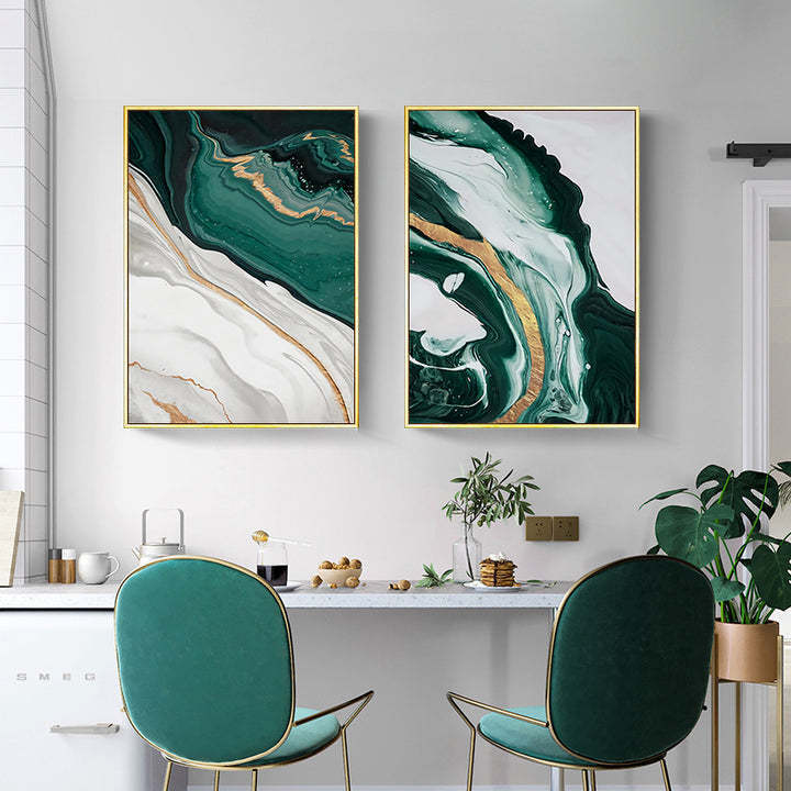 Modern Abstract Dark Green Gold Foil Line Marble Canvas Art Painting Print Wall Poster  Home Decor