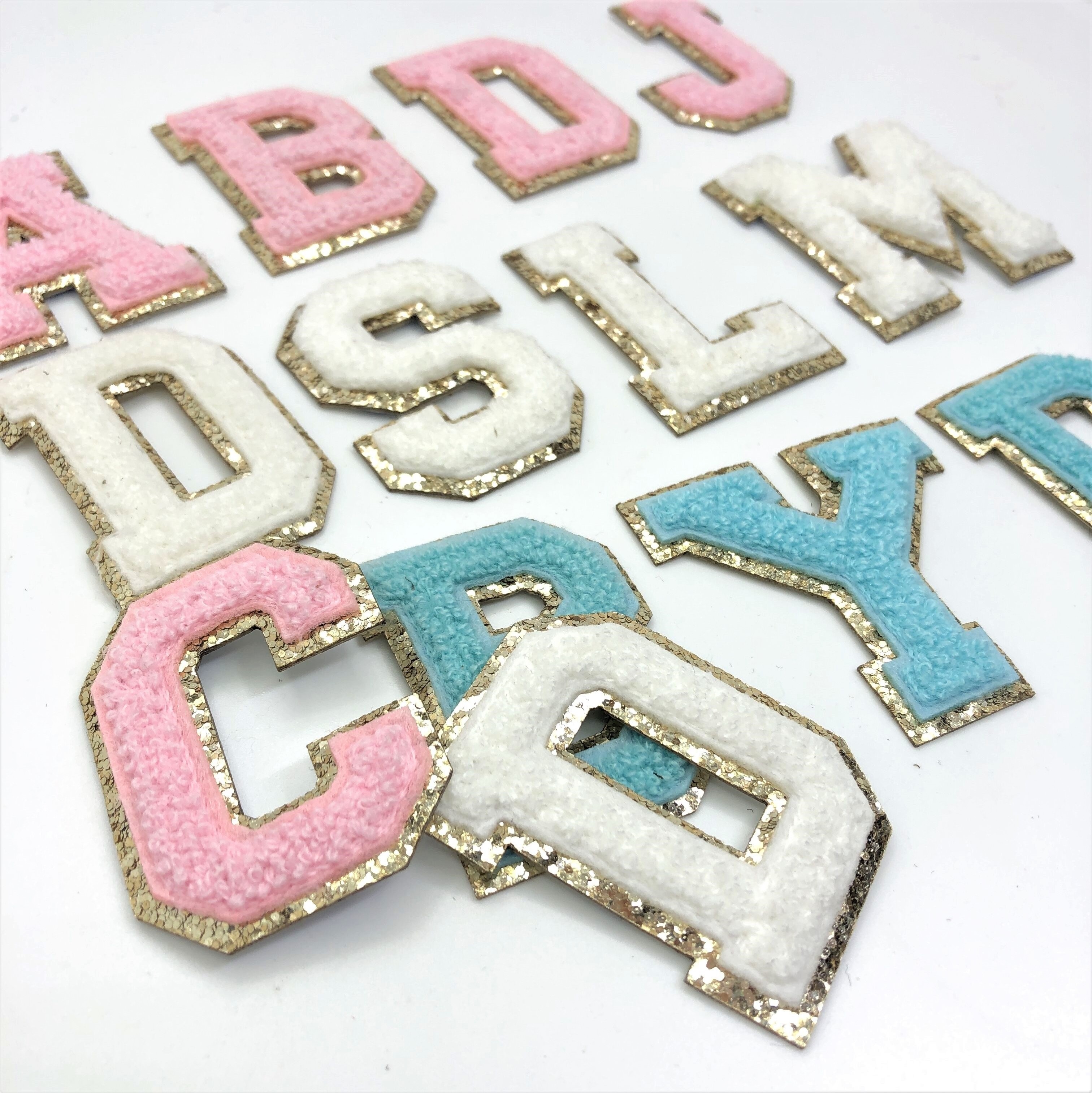 Custom Woven Chenille Letters Pink Gold Glitter Silk Embroidery Patches for Pouches Hats Iron on Embroidery Fabric