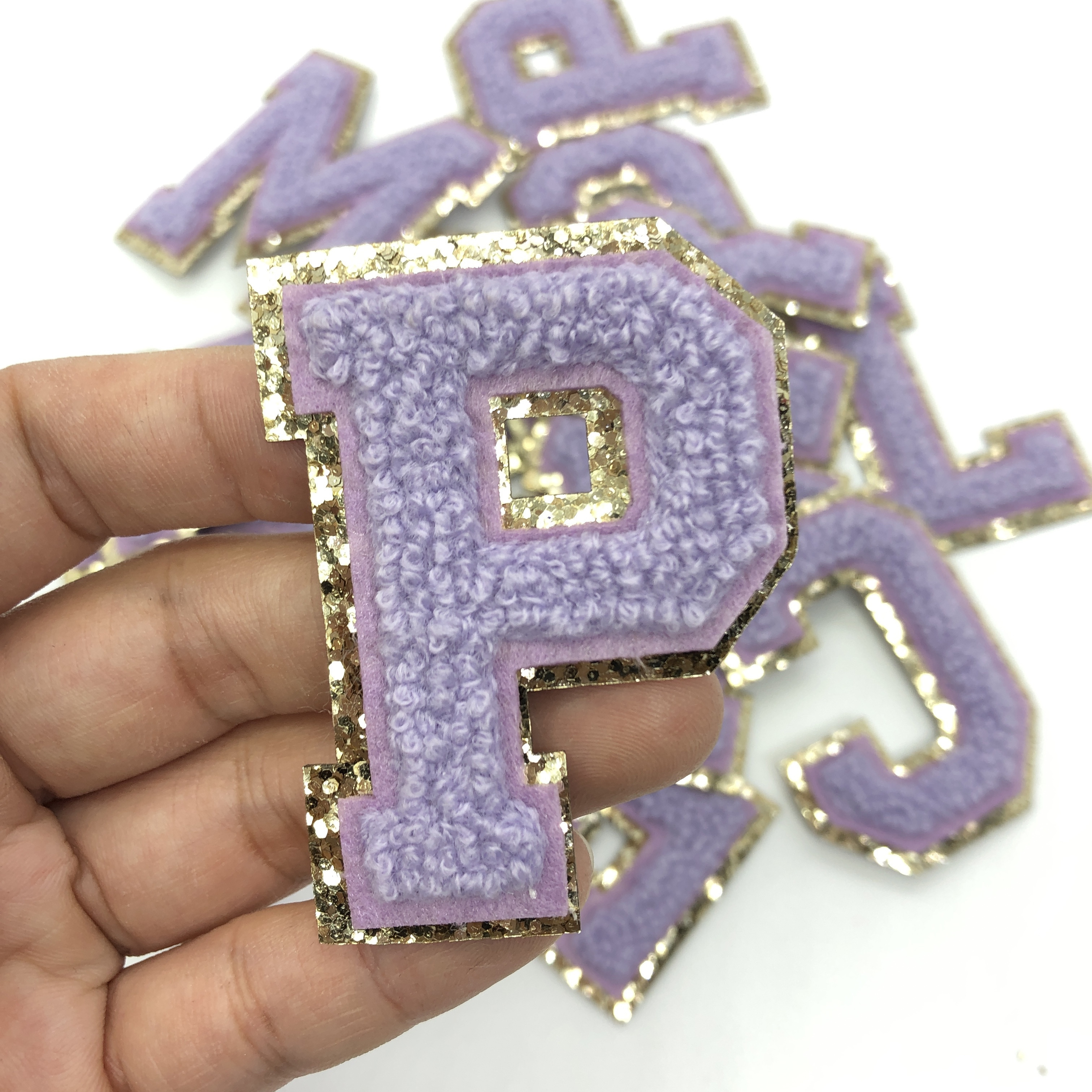 Custom Woven Chenille Letters Pink Gold Glitter Silk Embroidery Patches for Pouches Hats Iron on Embroidery Fabric