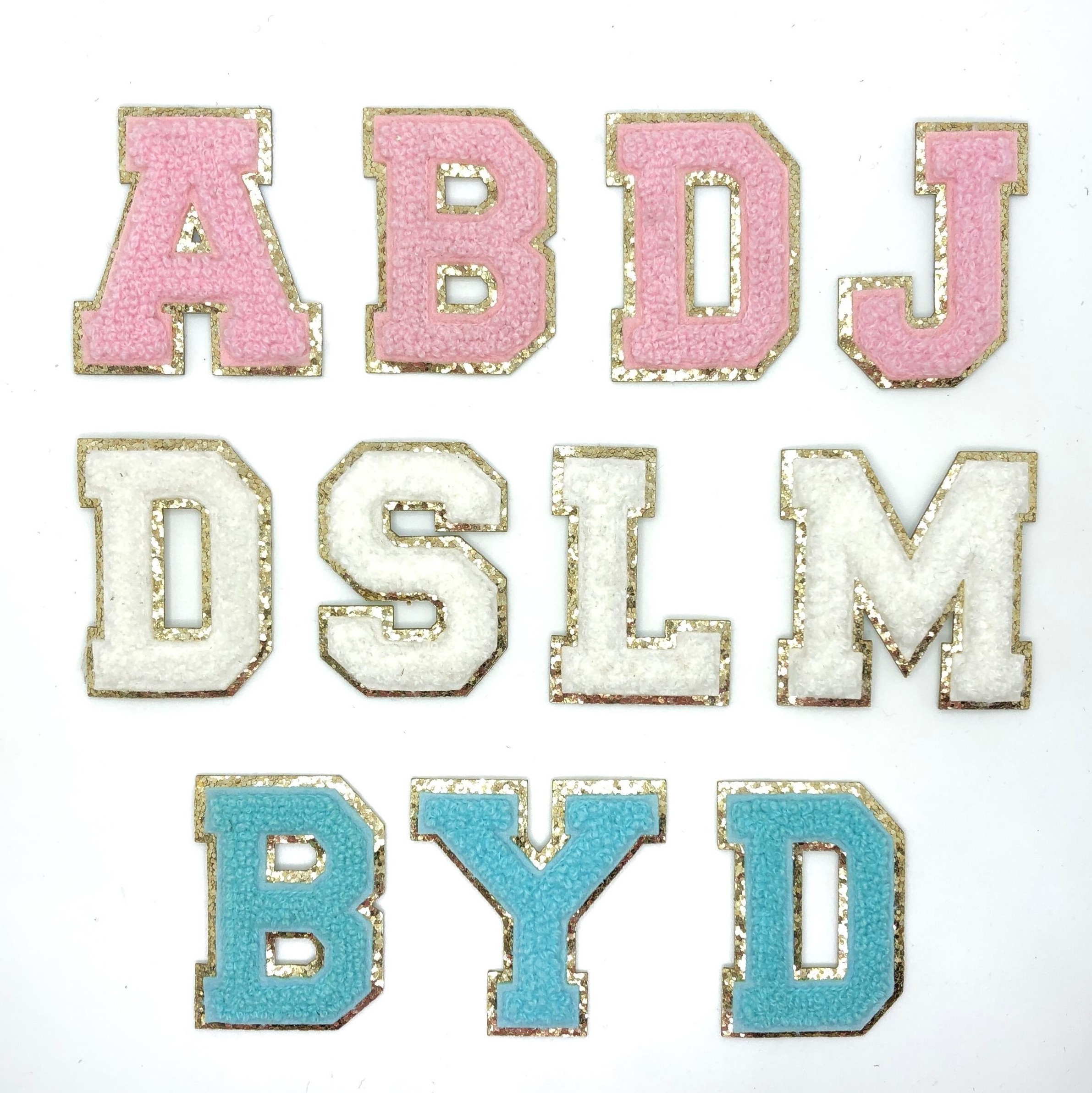 Custom Woven Chenille Letters Pink Gold Glitter Silk Embroidery Patches for Pouches Hats Iron on Embroidery Fabric