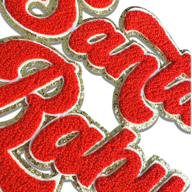 Custom wholesale girls patch gold glitter chenille patches for clothing sequin big logo iron on Embroidery Printed