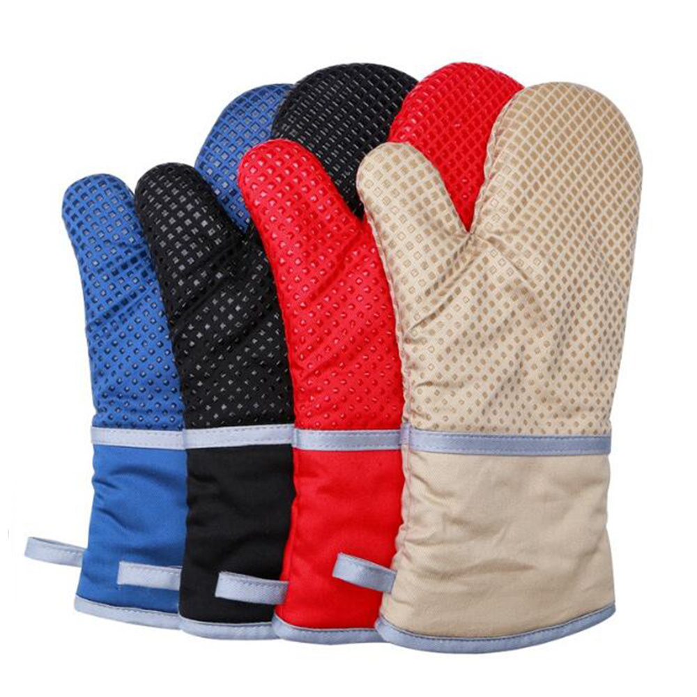 Cotton Extra Long Heat Resistant Silicone Dots Kitchen Oven Mitts Non-slip BBQ Gloves