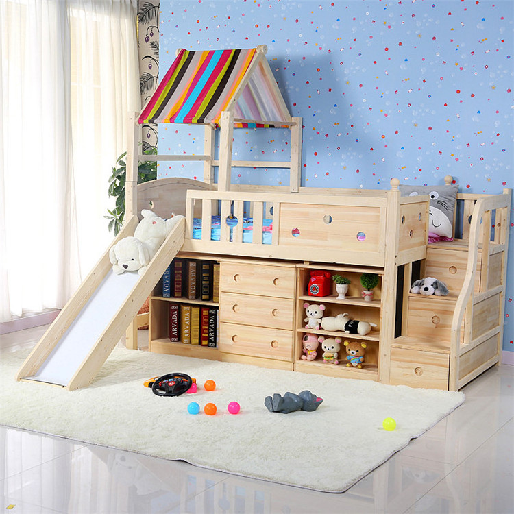 Semi-High Bed Solid Wood Cabinet Cabin Bed Stair Boy Girl Children Slide Bed With Tent