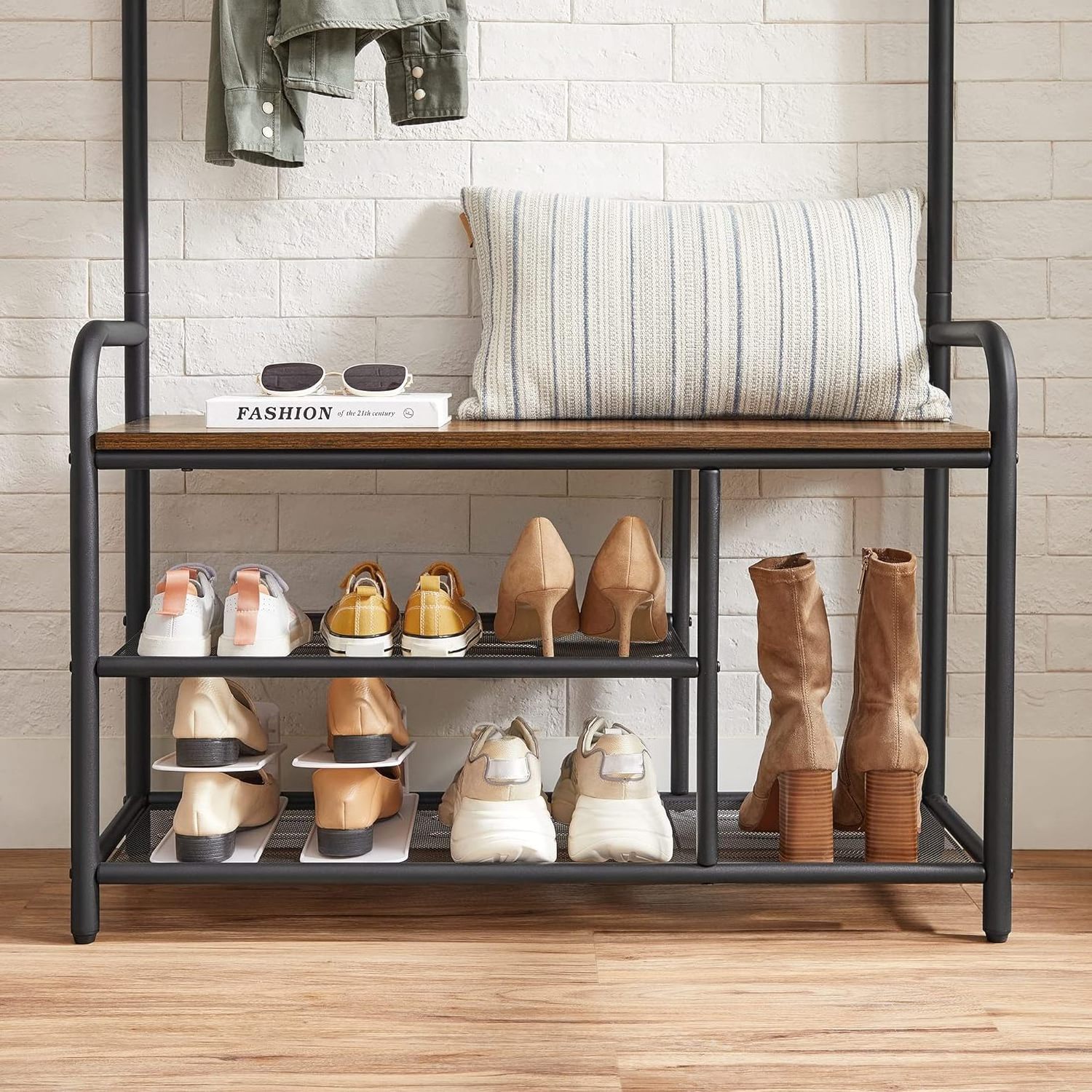 YQ Forever Hall Tree Shoe Bench Removable Hooks Top Shelf Hallway Bedroom Dorm Apartment Industrial Entryway Storage Coat Rack