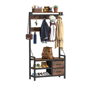 YQ Forever Metal Shelf Organizer Hooks Shoe Hallway Bedroom Freestanding Hall Tree Bench Entryway Table Storage Coat Rack