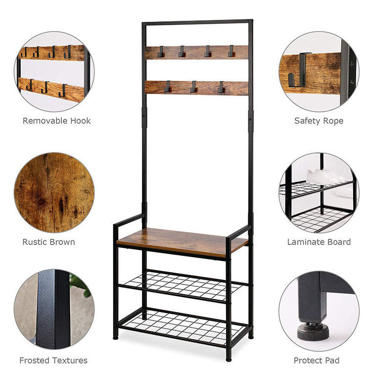 YQ Ready to Ship Modern Hallway Cabinet Shoe Shelf with 2-Tiers Removable Hooks Metal Frame Entryway Table Storage Coat Rack