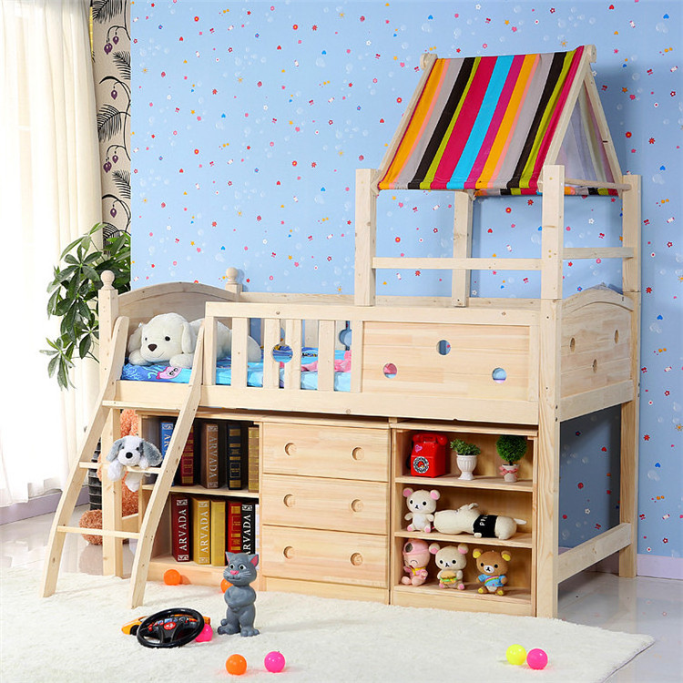 Semi-High Bed Solid Wood Cabinet Cabin Bed Stair Boy Girl Children Slide Bed With Tent