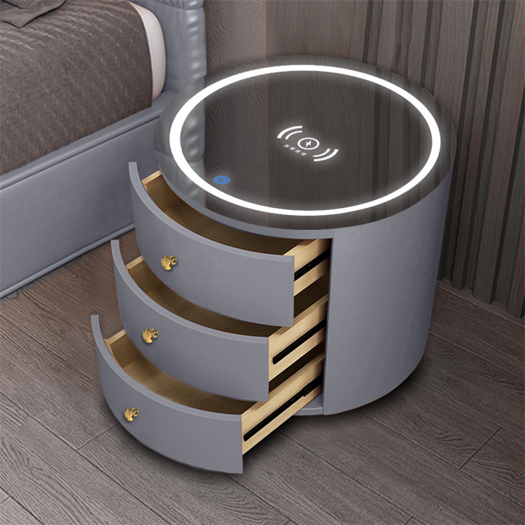 New Design Bedroom Multi-Functional Cabinet Solid Wood Nightstands Round Smart Bedside Table with Wireless Charging Speaker