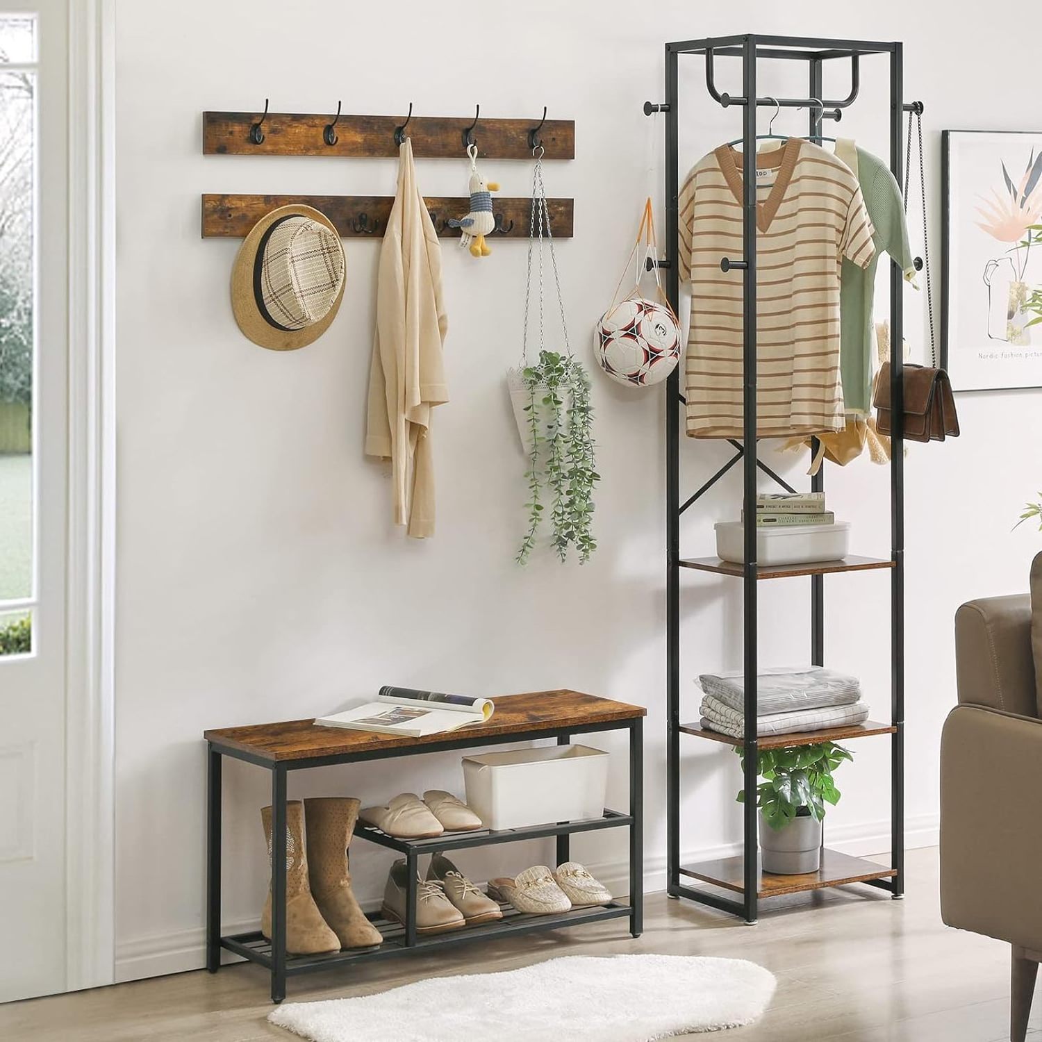 YQ Forever Removable Hooks Metal Frame Hallway Cabinet Shoe Shelf Freestanding Entryway Table Storage Coat Rack