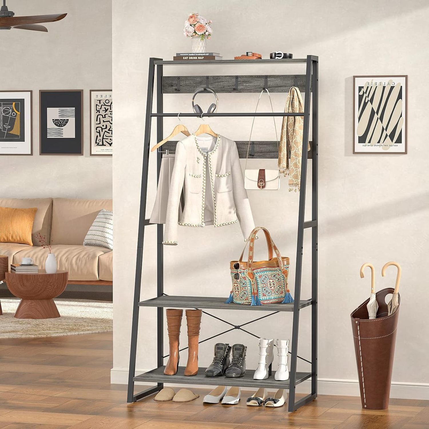 YQ Forever Freestanding Hall Tree Bench Metal Shelf Organizer Hooks Shoe Hallway Bedroom Entryway Table Storage Coat Rack