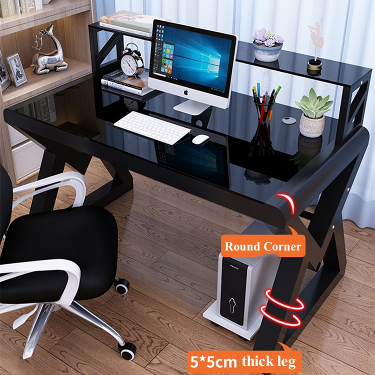 YQ Forever Study Table Workstation Desk Tempered glass Table Top Office Desk Computer Table With Bookshelf