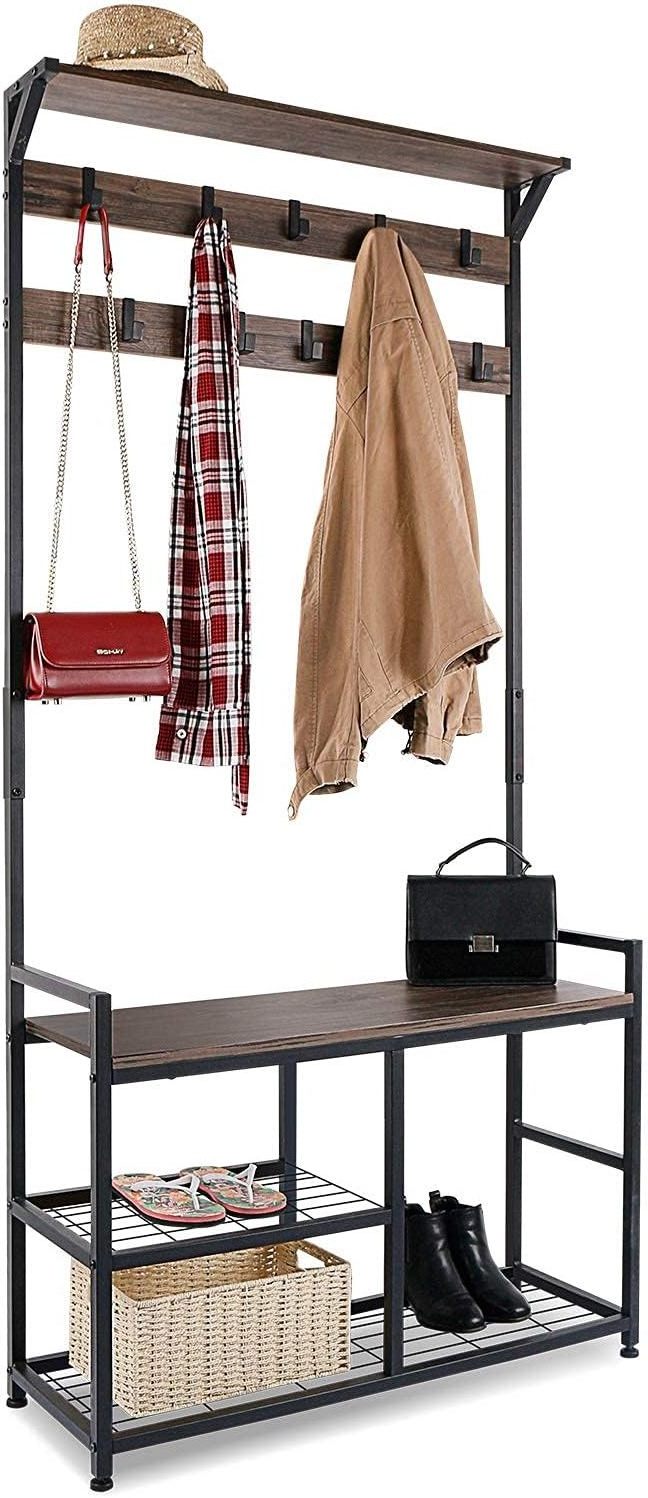 YQ Forever Shoe Shelf Hooks Freestanding MDF Removable Metal Frame Hallway Cabinet Entryway Table Storage Coat Rack