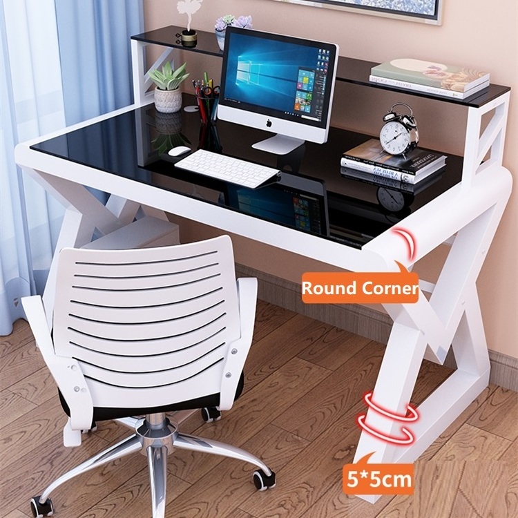 YQ Forever Study Table Workstation Desk Tempered glass Table Top Office Desk Computer Table With Bookshelf