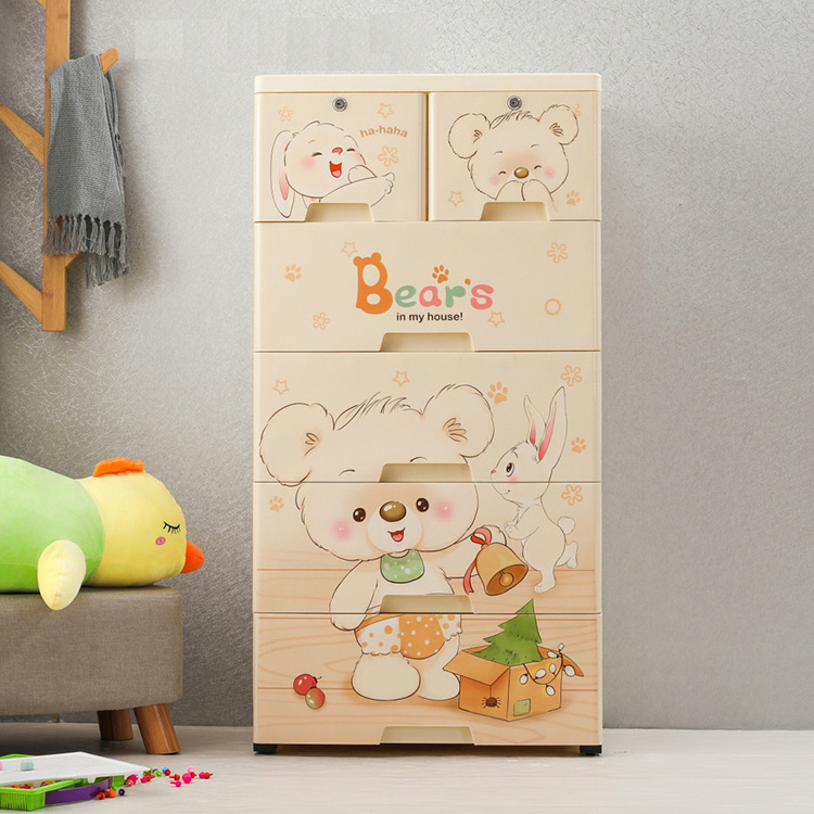 Simple Design Cartoon Wooden Baby Clothes Closet Wardrobe for Kids