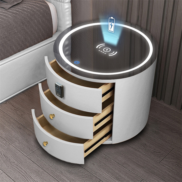 New Design Bedroom Multi-Functional Cabinet Solid Wood Nightstands Round Smart Bedside Table with Wireless Charging Speaker