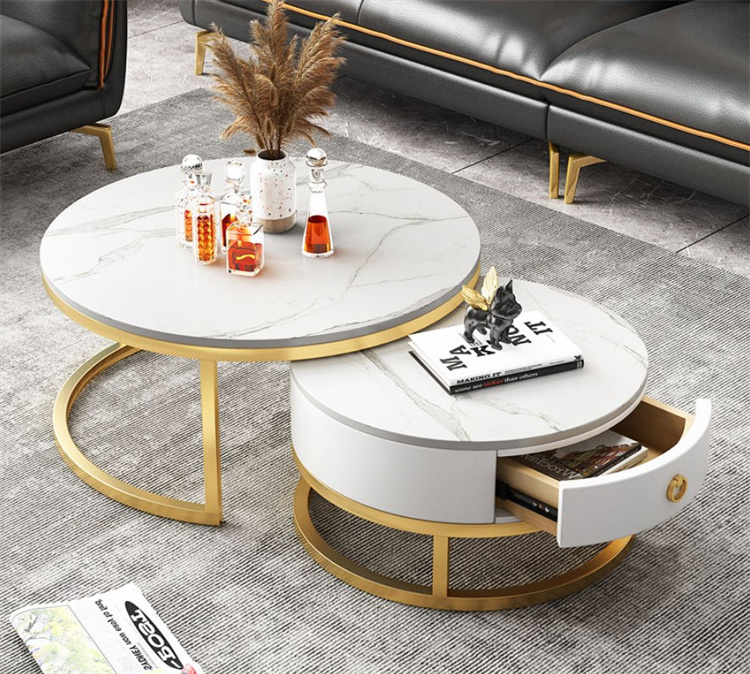 Modern Living Room Furniture Storage Tea Table Gold Metal Frame Center Sofa Round Marble Coffee Table