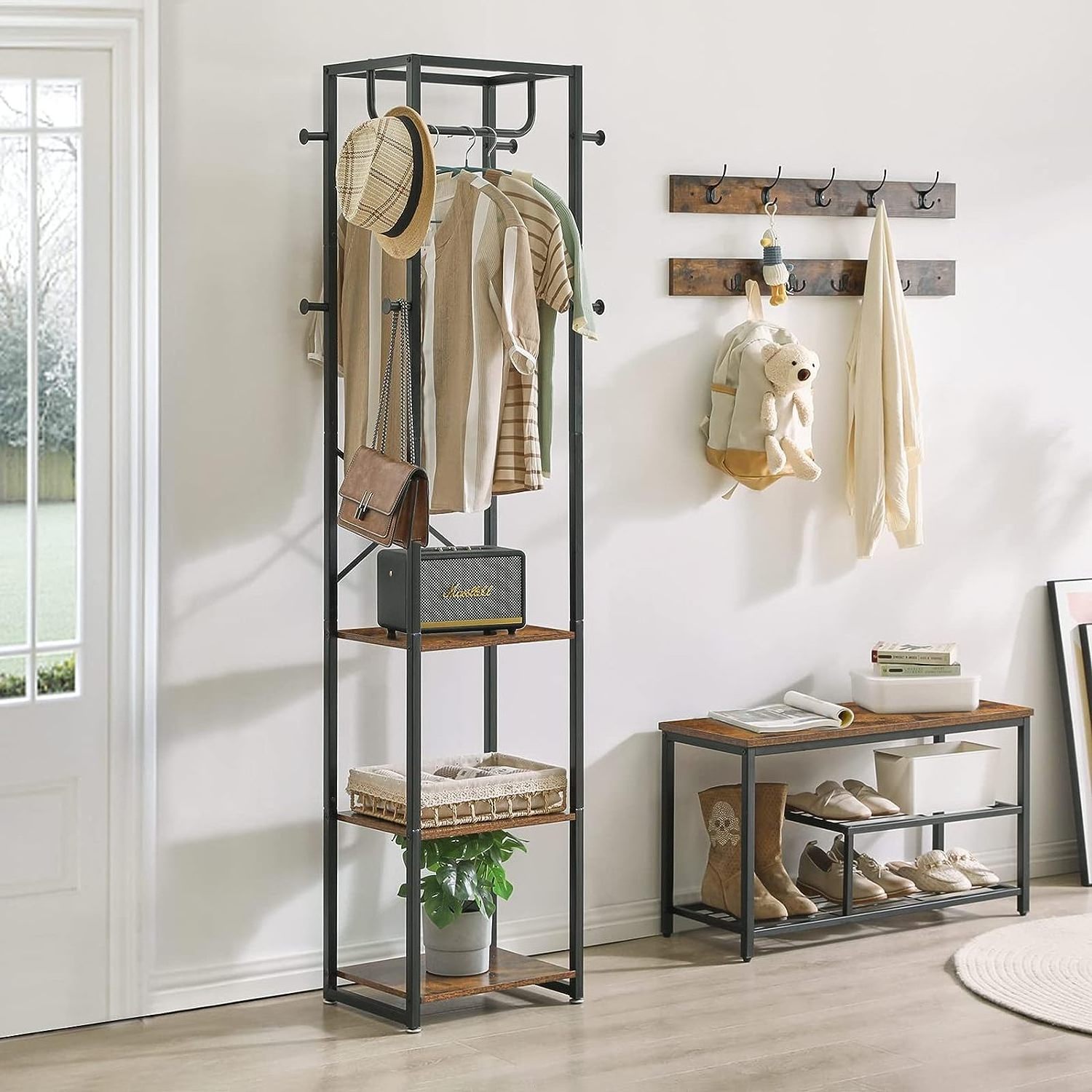 YQ Forever Removable Hooks Metal Frame Hallway Cabinet Shoe Shelf Freestanding Entryway Table Storage Coat Rack