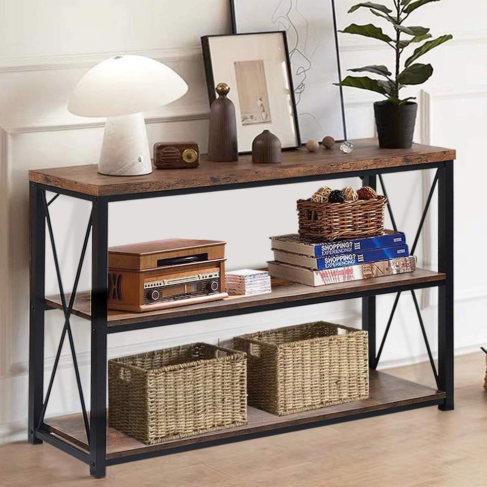 YQ Forever Rustic TV Stand 3-Tier Industrial Hallway Entryway Open Bookshelf Net Storage Living Room Bedroom Console Sofa Table