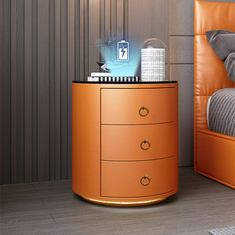 New Design Bedroom Multi-Functional Cabinet Solid Wood Nightstands Round Smart Bedside Table with Wireless Charging Speaker