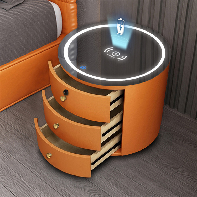 New Design Bedroom Multi-Functional Cabinet Solid Wood Nightstands Round Smart Bedside Table with Wireless Charging Speaker