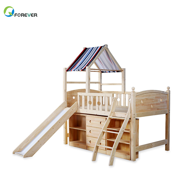 Semi-High Bed Solid Wood Cabinet Cabin Bed Stair Boy Girl Children Slide Bed With Tent