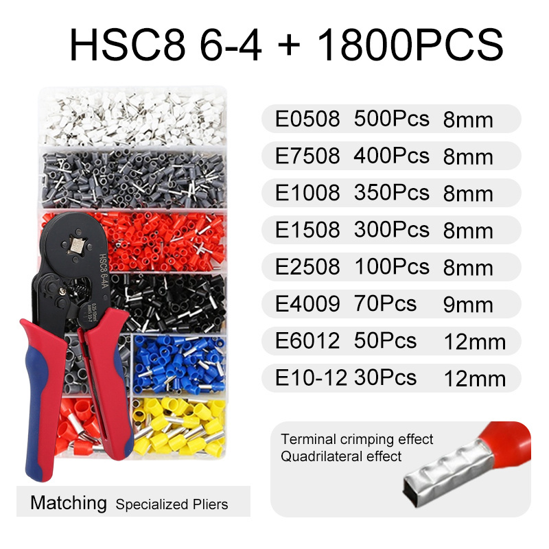 1800pcs HSC8 6-4A 20-8AWG 0.5-10mm Combination copper Tool Pliers assorted copper Tubular Crimping Terminal Crimp kit