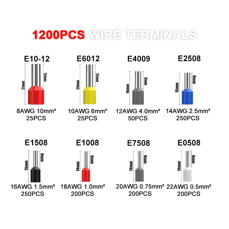 HONGYI 1200PCS 22-8AWG HSC8 6-4 Spark Plug Wires Ferrule Cord End Pin Crimping tool cable Pliers Clamps Insulated Terminal set