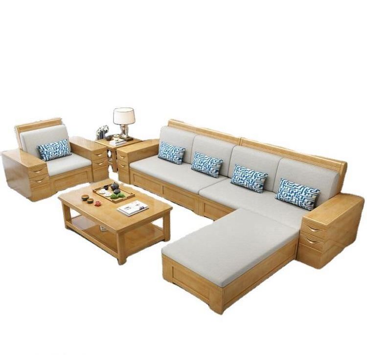 YQ JENMW New Chinese style solid wood sofa combination living room storage fabric corner sofa complete furniture