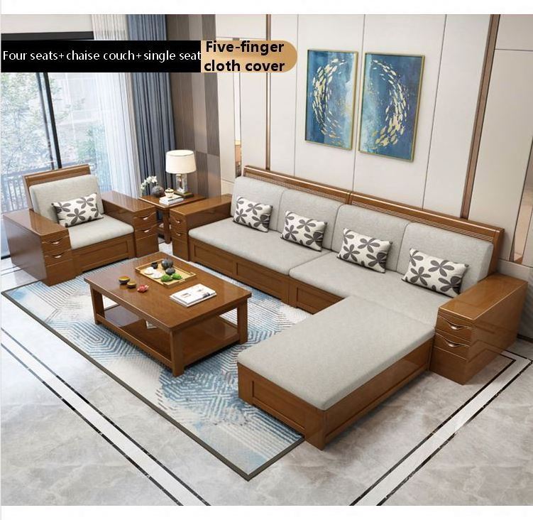 YQ JENMW New Chinese style solid wood sofa combination living room storage fabric corner sofa complete furniture