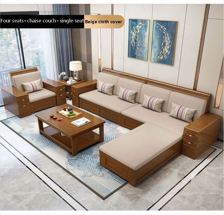 YQ JENMW New Chinese style solid wood sofa combination living room storage fabric corner sofa complete furniture