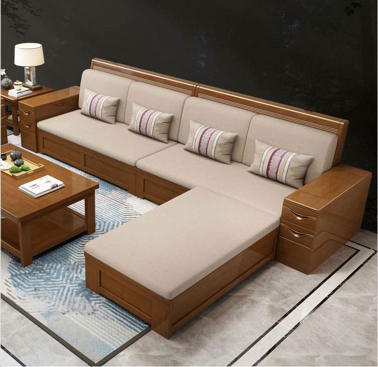 YQ JENMW New Chinese style solid wood sofa combination living room storage fabric corner sofa complete furniture