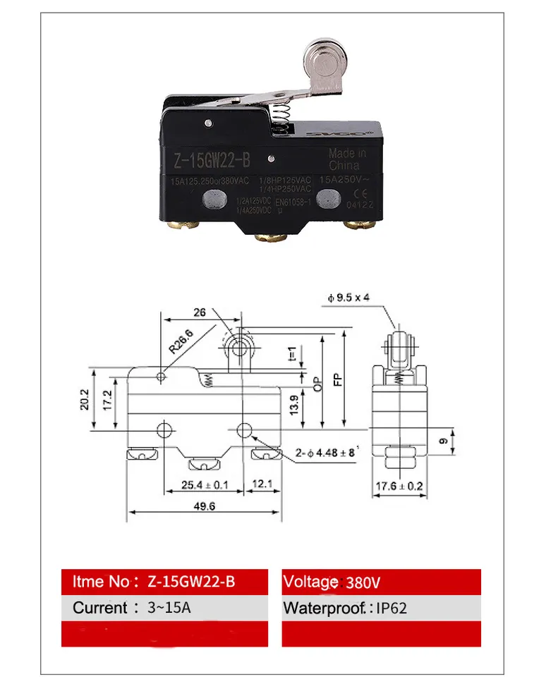 Short Roller Lever Automotive Micro Limit Switch,Z-15GW22-B Black Micro Switch With Screw Terminals