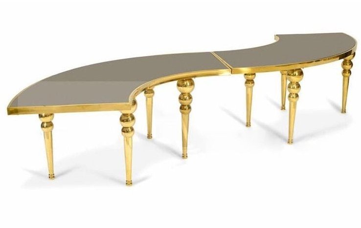 S-shaped serpentine gold leg glass top tables for luxury wedding