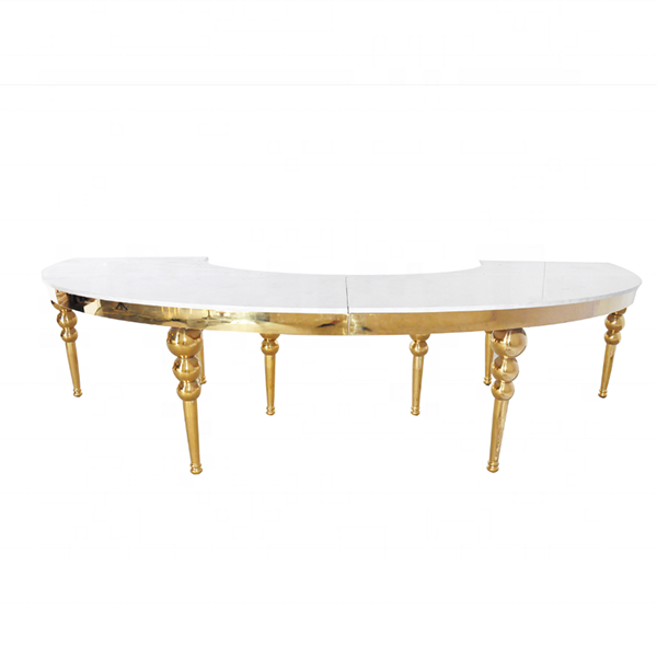 Gold half moon glass top stainless steel curevd banquet wedding table