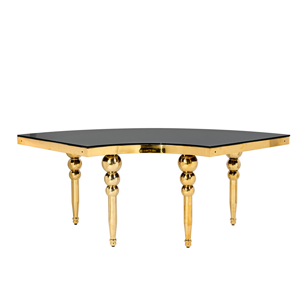 S-shaped serpentine gold leg glass top tables for luxury wedding