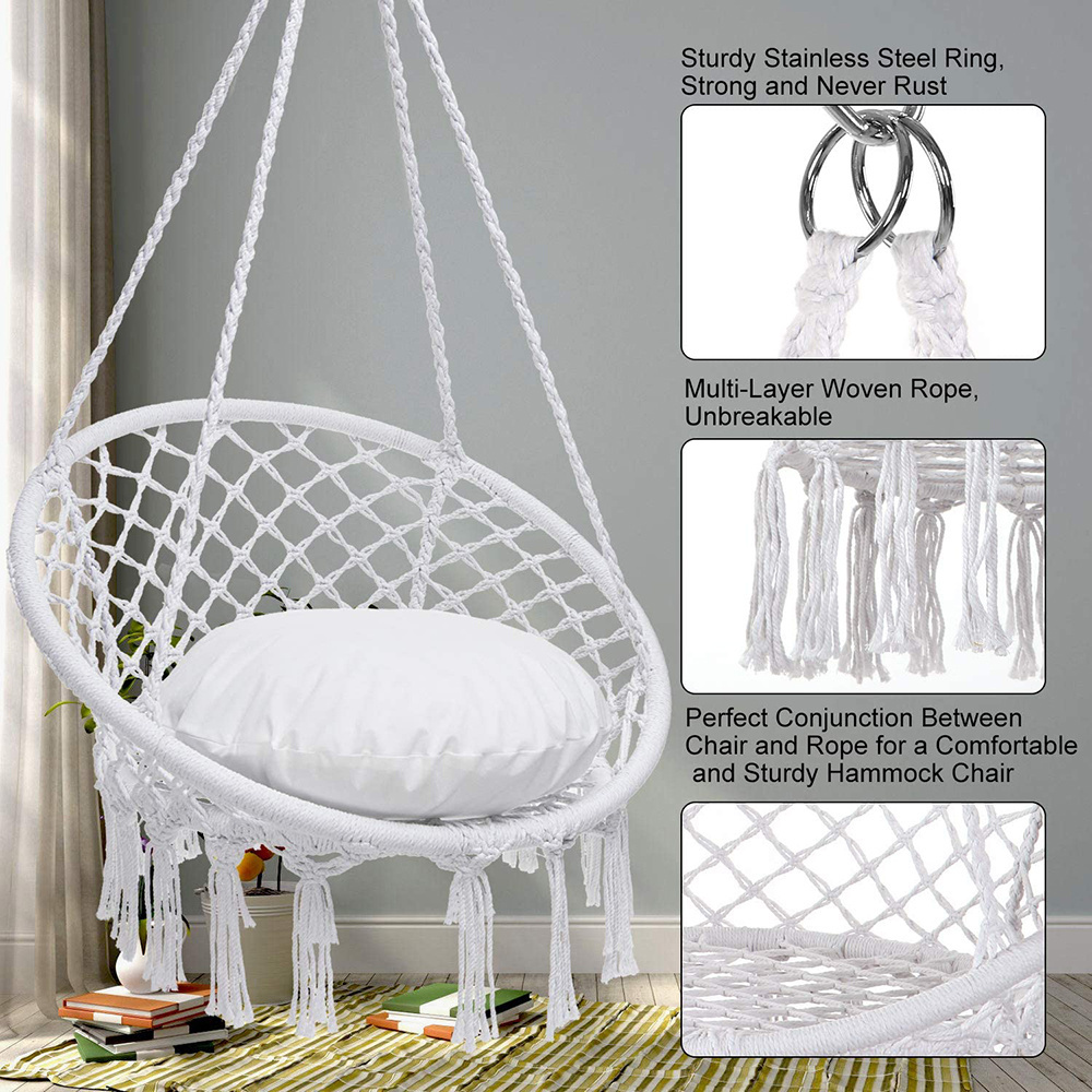 Hammock Chair Macrame Swing Hanging Cotton Rope Macrame Hammock Swing Chair For Indoor Outdoor Home Patio Porch Deck Yard