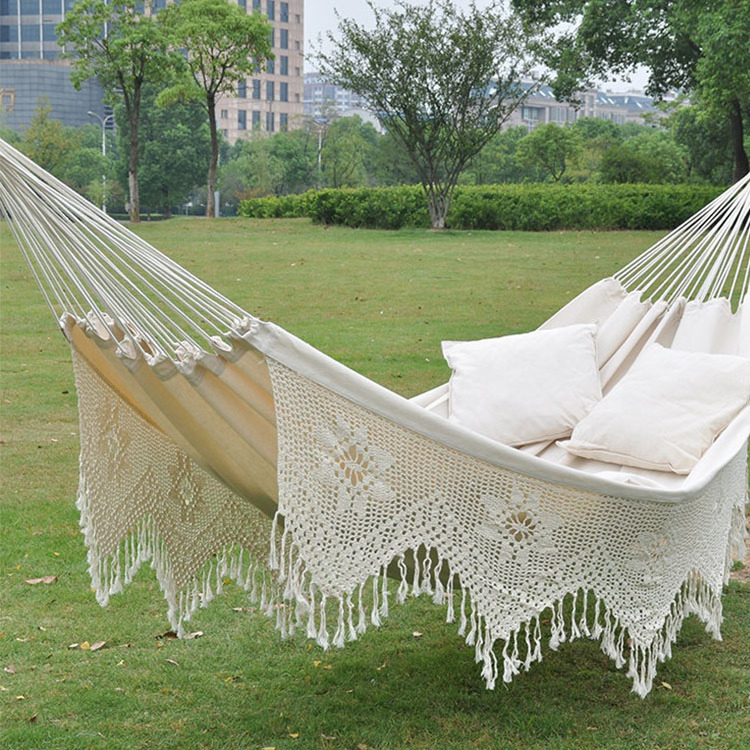 High Quality Boho Style 2 Person Portable Beach Cotton Canvas Cloth Hammock Backyard Leisure Hammock