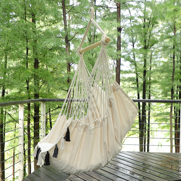 Hanging Rope Hammock Chair Swing And White Fringe Swings Outdoor Chair With Wooden Bar Leisure Garden Swing Chair