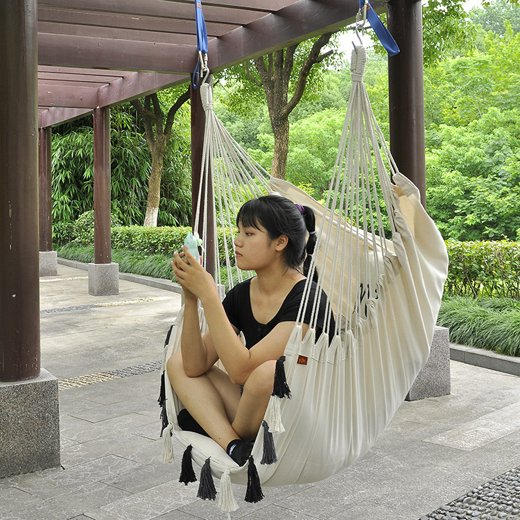 Hanging Rope Hammock Chair Swing And White Fringe Swings Outdoor Chair With Wooden Bar Leisure Garden Swing Chair