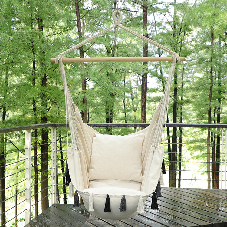 Hanging Rope Hammock Chair Swing And White Fringe Swings Outdoor Chair With Wooden Bar Leisure Garden Swing Chair