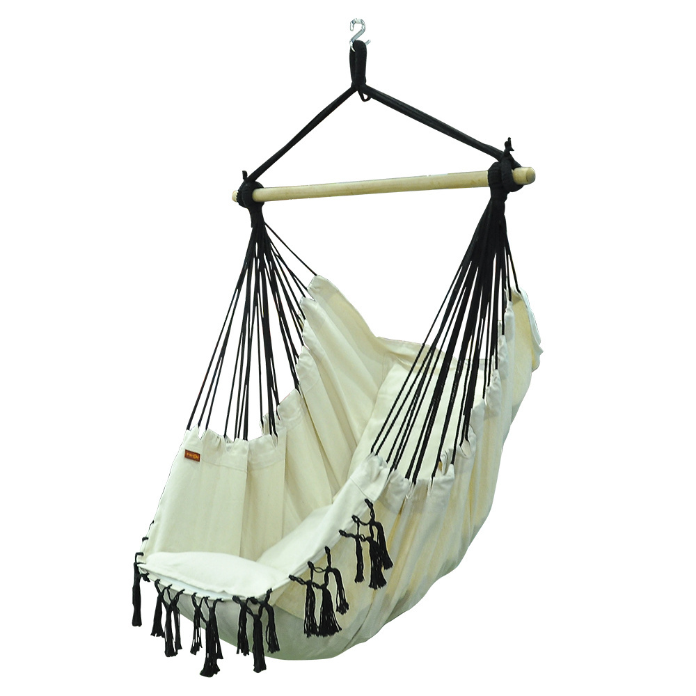 Hot Sale Hanging Black Chair And White Fringe Swings Outdoor Chair With Wooden Bar Cotton Canvas Swing With Two Pillows