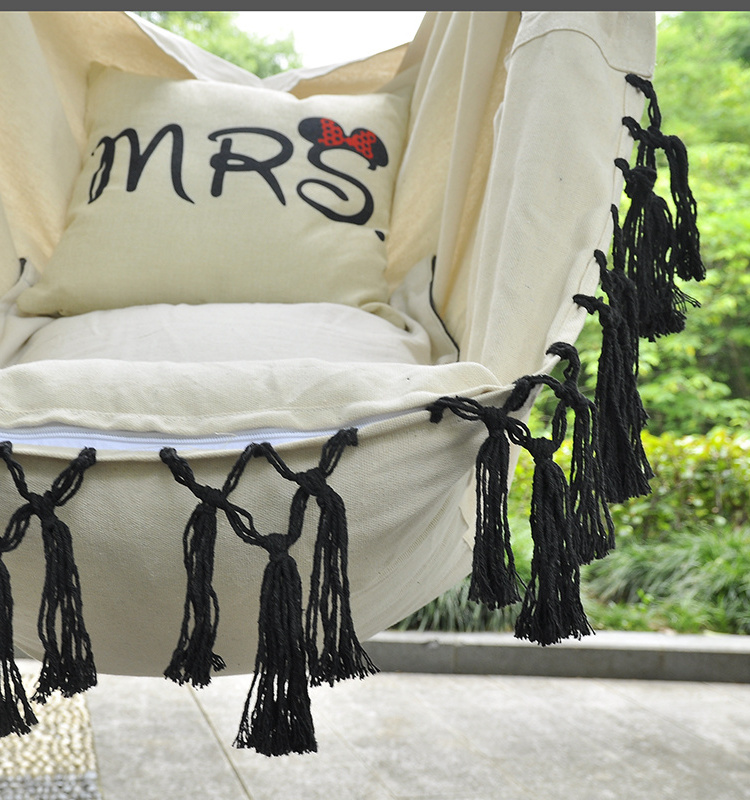 Hot Sale Hanging Black Chair And White Fringe Swings Outdoor Chair With Wooden Bar Cotton Canvas Swing With Two Pillows