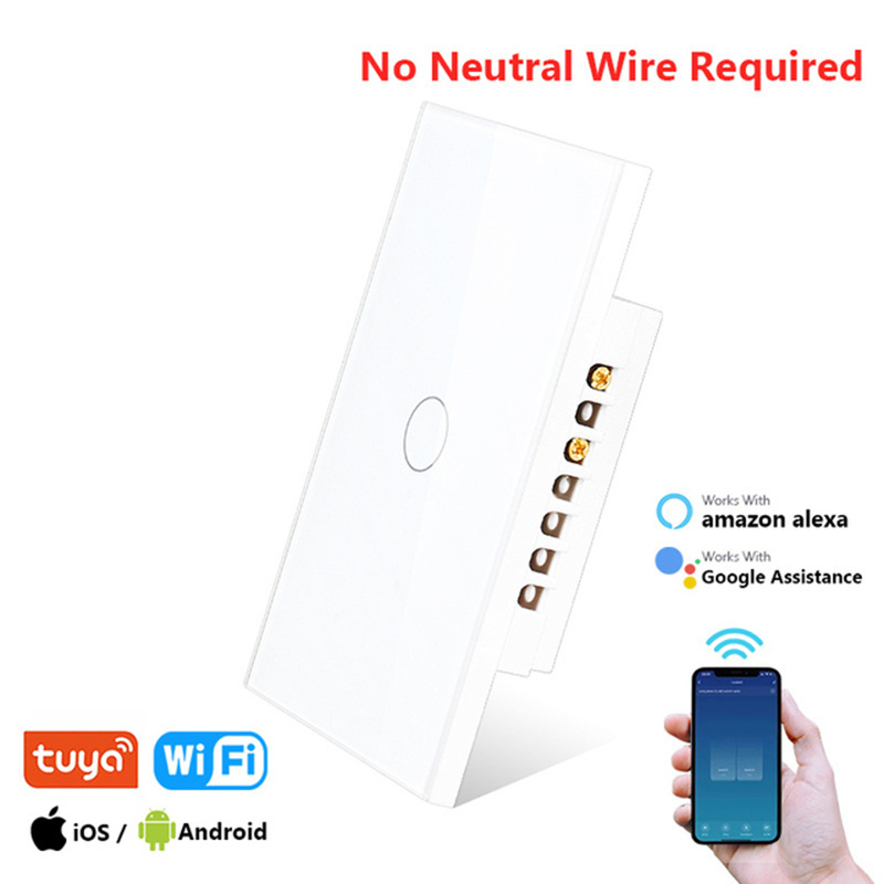 US standard Smart Home Wifi Touch Switch No Neutral Wire Required 1/2/3 Gang Light Switch Support Alexa Tuya App Remote