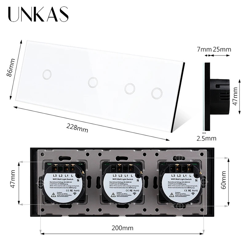 UNKAS 3 / 4 / 5 / 6 / 9 / 12 Gang WiFi Touch On / Off Smart Light Switch 228mm Black Class Panel Work Tuya Alexa Google