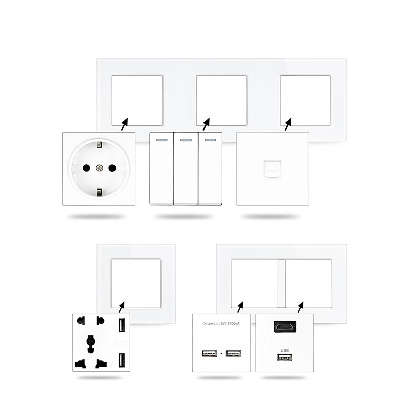 B8 Modules DIY Free Combination EU / French 16A Wall Power Socket Dual USB Charger Port Hidden Soft LED Outlet