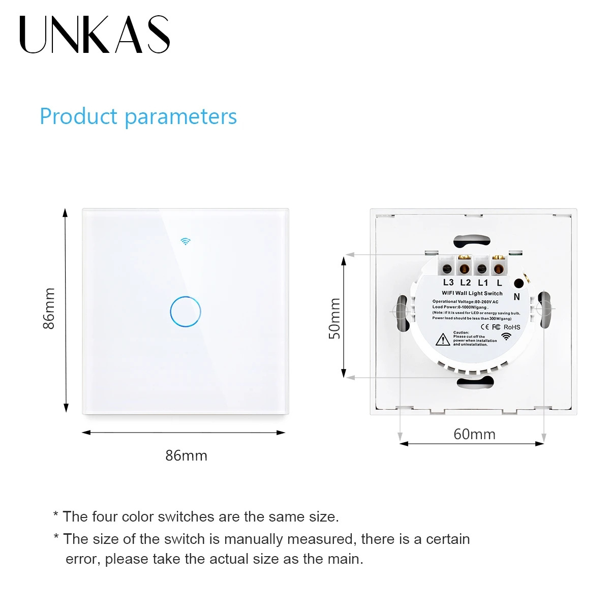 UNKAS Smart Home Switches 1/2/3/4 Gang White Wall Sensor Wifi Touch Light Switch Tuya Control Smart Life Google Alexa